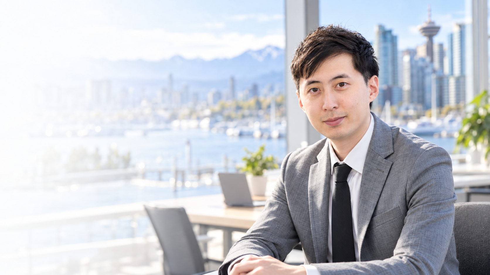 Justin 坐在溫哥華水岸景觀旁